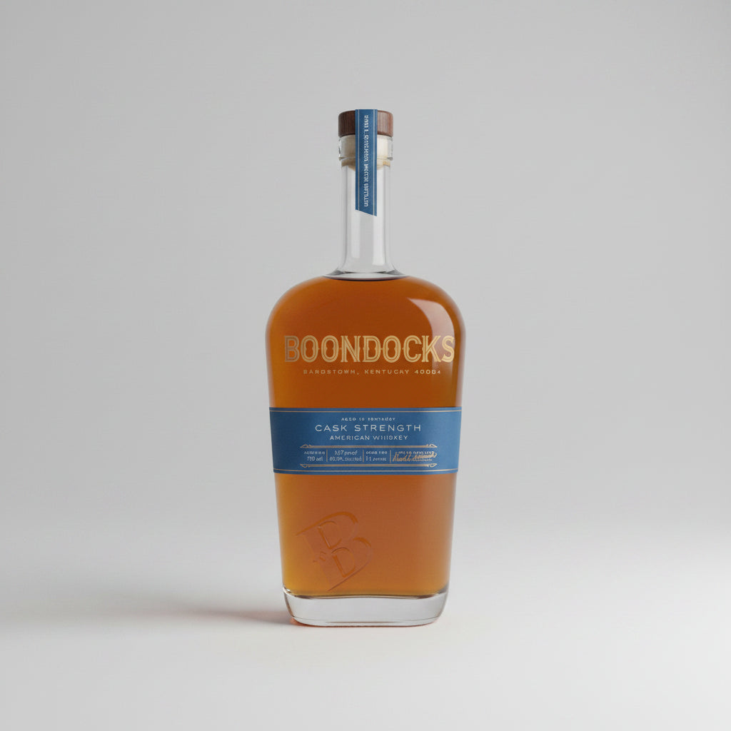 Boondock's whiskey bottle on a wooden surface with a blurred natural background