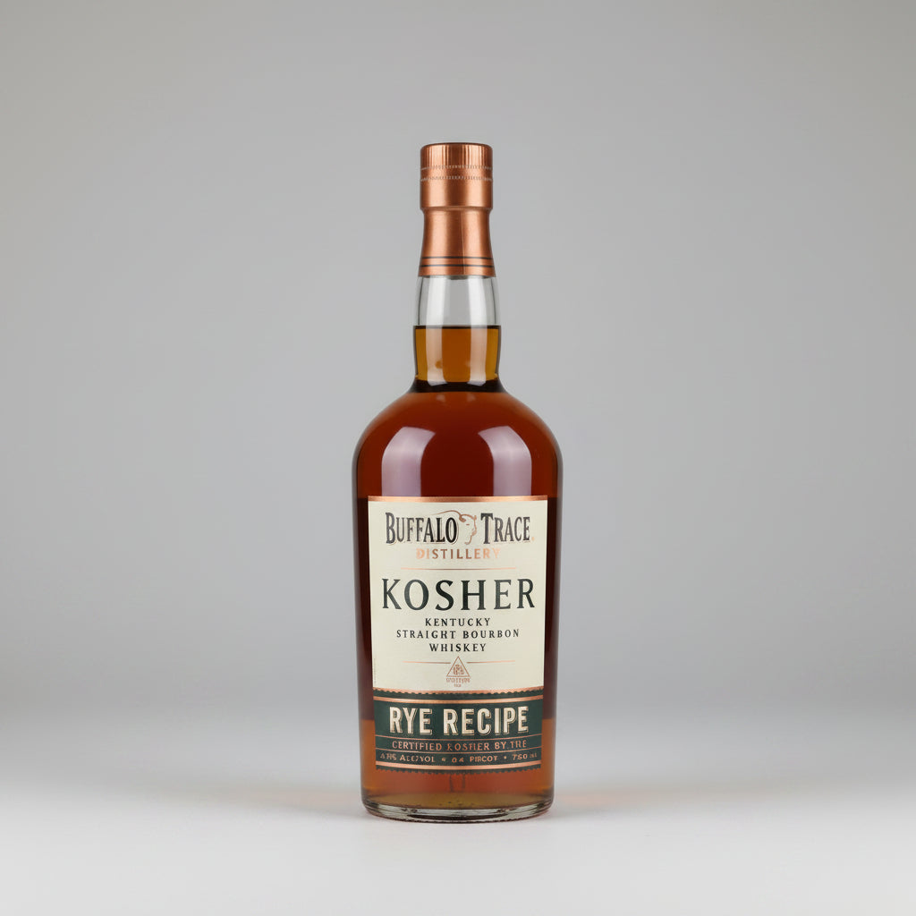 A bottle of Buffalo Trace Distillery Kosher Rye Recipe whiskey, showing the amber liquid and cream label against a plain white background.