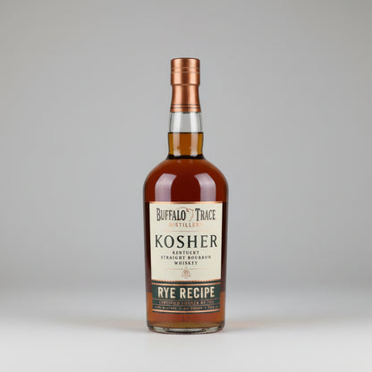 A bottle of Buffalo Trace Distillery Kosher Rye Recipe whiskey, showing the amber liquid and cream label against a plain white background.