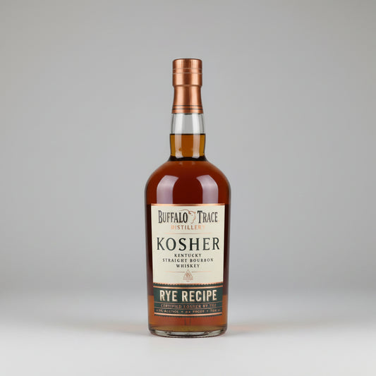 A bottle of Buffalo Trace Distillery Kosher Rye Recipe whiskey, showing the amber liquid and cream label against a plain white background.