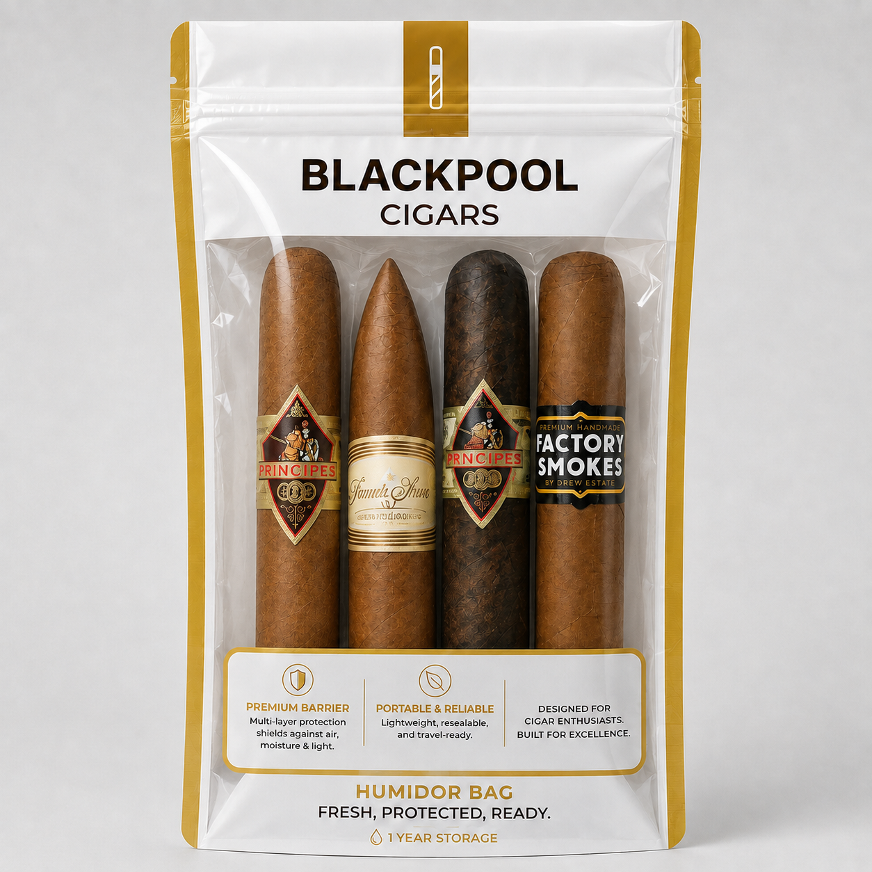 A 4-pack of Blackpool Cigars in a white and gold humidified storage bag with a clear window showing four cigars inside.