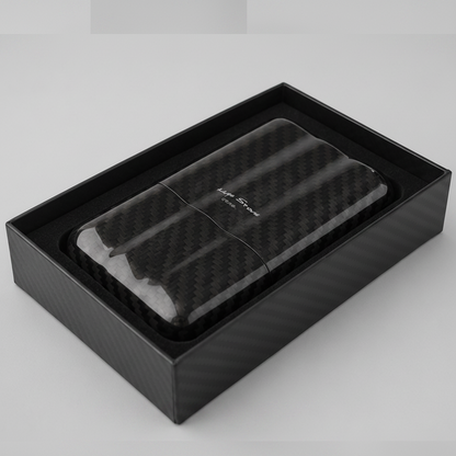 A black carbon-fiber-textured rectangular cigar case for 3 cigars 