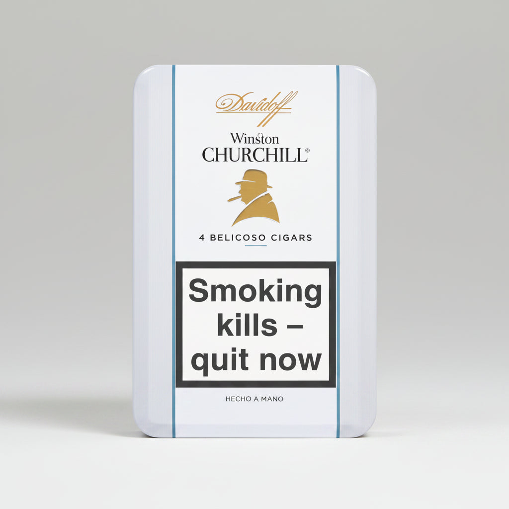 Cigar packaging with 'Winston Churchill' branding and health warning message on a white background