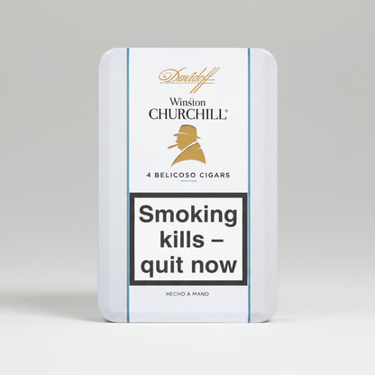 Cigar packaging with 'Winston Churchill' branding and health warning message on a white background