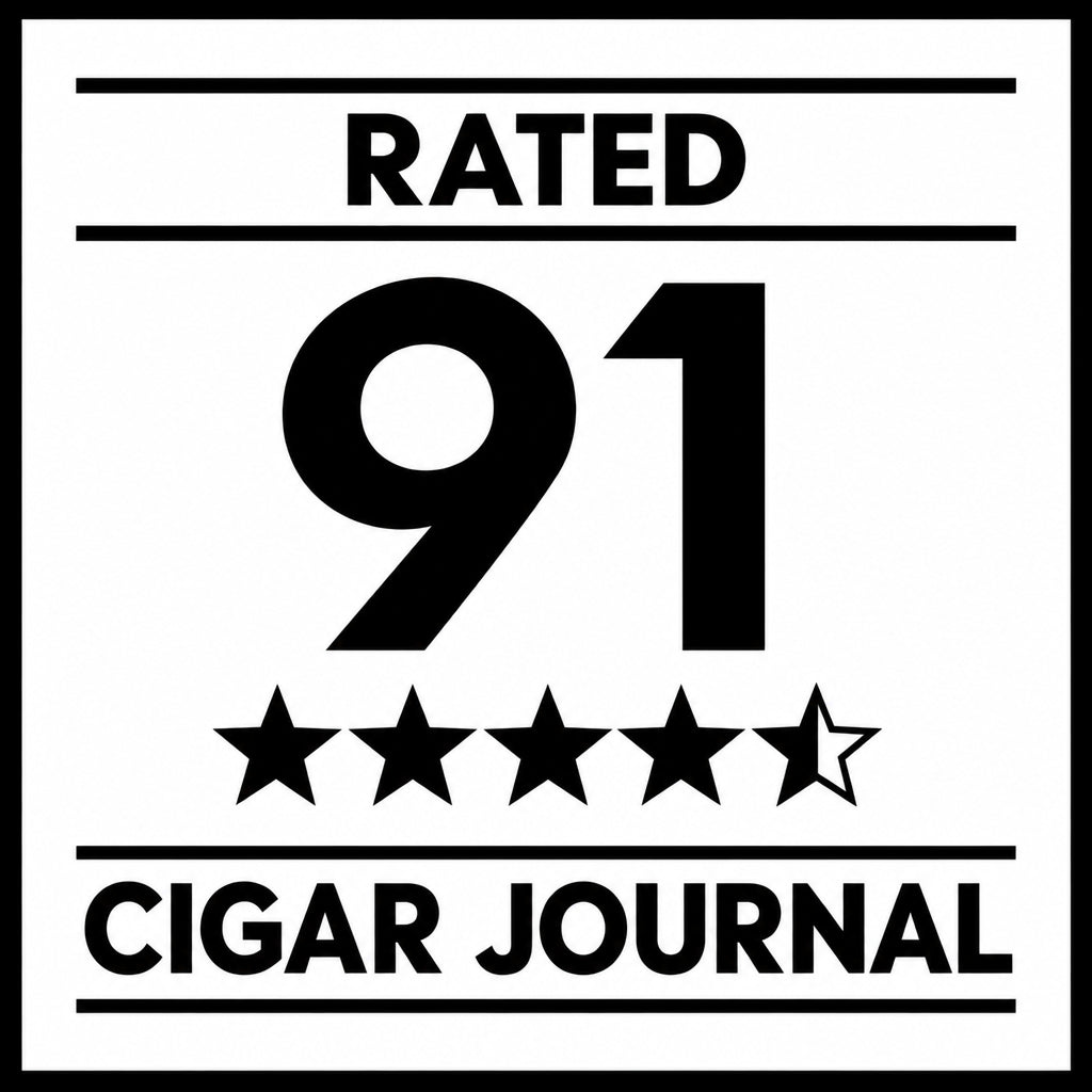 A black and white graphic featuring a 'RATED 91' star rating design with the text 'CIGAR JOURNAL' at the bottom.
