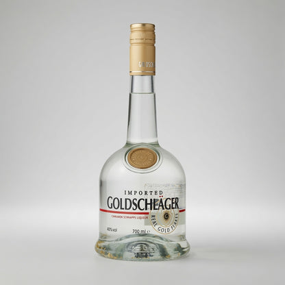 A bottle of Goldschlager 40% vol clear spirit with a gold foil cap and a white label featuring black and red text, set against a neutral light gray background.