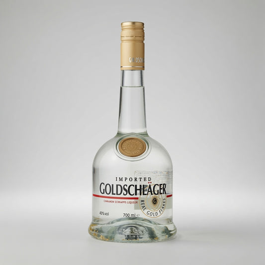 A bottle of Goldschlager 40% vol clear spirit with a gold foil cap and a white label featuring black and red text, set against a neutral light gray background.