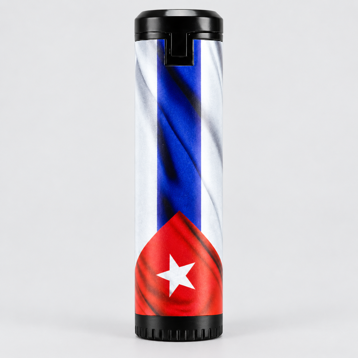 A 3 jet lighter with a black lid, featuring a printed Cuban flag design with blue, red, and white colors.