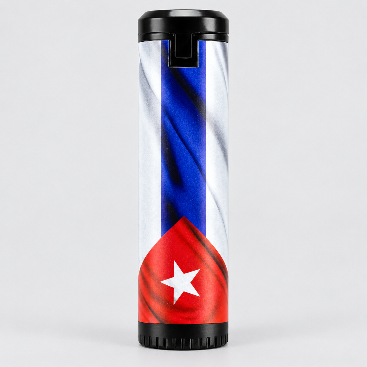 A 3 jet lighter with a black lid, featuring a printed Cuban flag design with blue, red, and white colors.