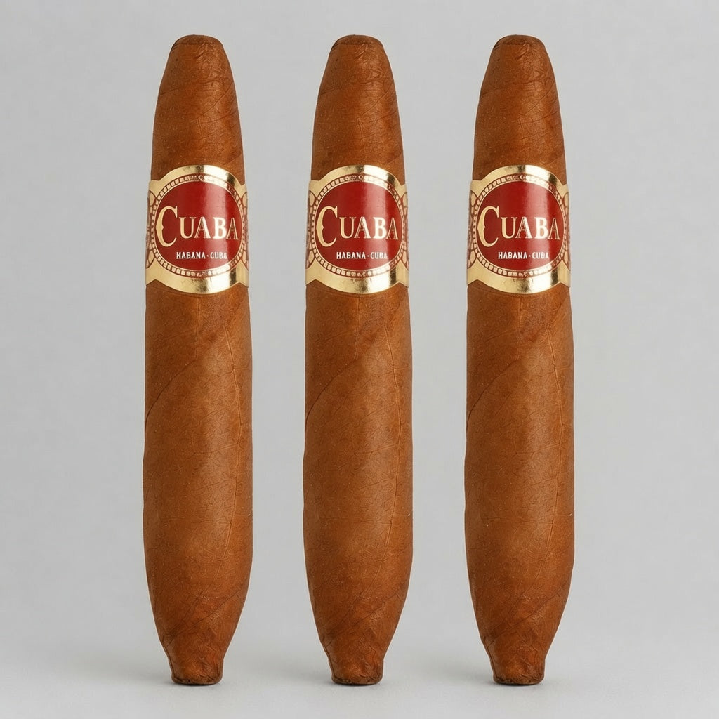 Three brown cigars with red and gold Cuaba Habana cigars bands, arranged vertically against a light gray background.