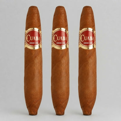 Three brown cigars with red and gold Cuaba Habana cigars bands, arranged vertically against a light gray background.