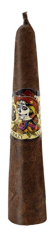 Cigar with decorative band featuring a skull design on a white background