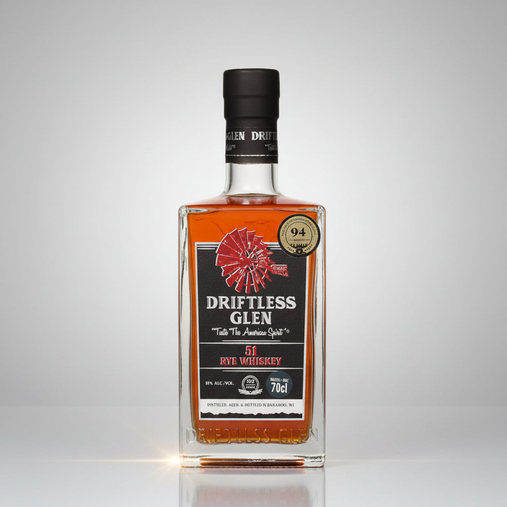 A bottle of Driftless Glen51 Rye Whiskey on a white background with a soft reflection. The bottle is clear glass showing the amber liquid inside, with a black cap and a label featuring orange, black, and red graphics.