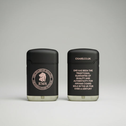 Two black cigar cases with EMS branding on a dark background