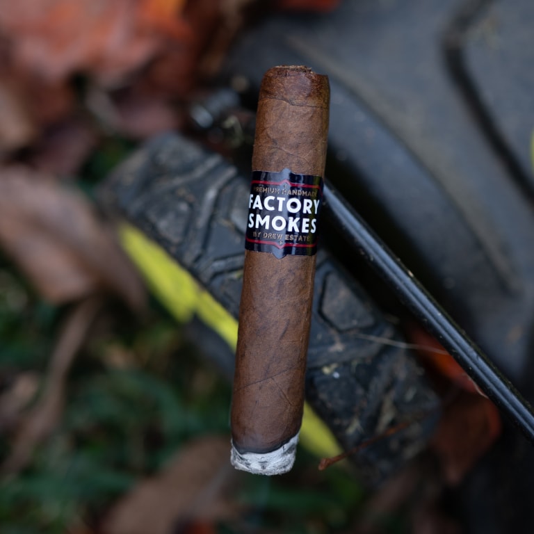 A single brown cigar with a black and white label reading 'FACTORY SMOKES' stands upright against a blurred outdoor background with leaves and a dark textured surface.