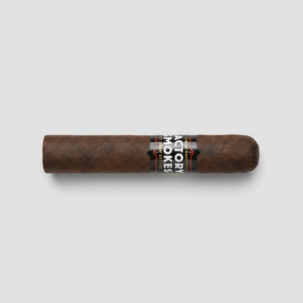 A single dark brown cigar with a black and red band reading 'Factory Smokes' on a solid green background.