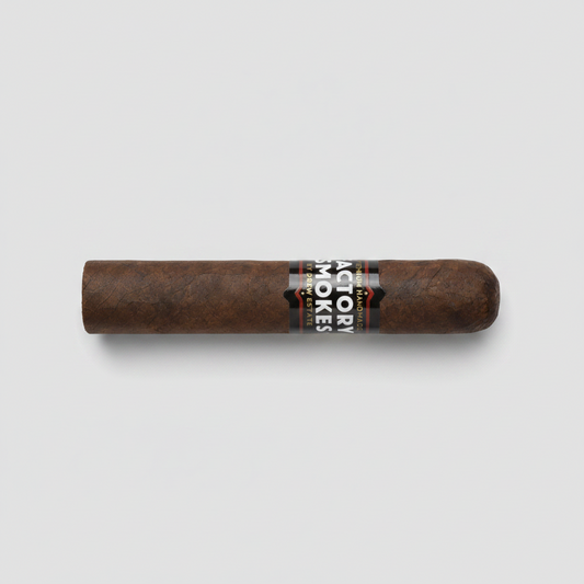 A single dark brown cigar with a black and red band reading 'Factory Smokes' on a solid green background.