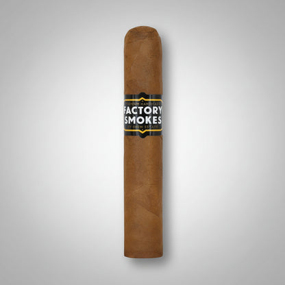 A single brown cigar with a black, gold, and white band reading 'FACTORY SMOKES' on a plain white background.