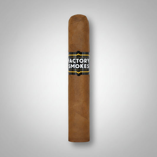 A single brown cigar with a black, gold, and white band reading 'FACTORY SMOKES' on a plain white background.