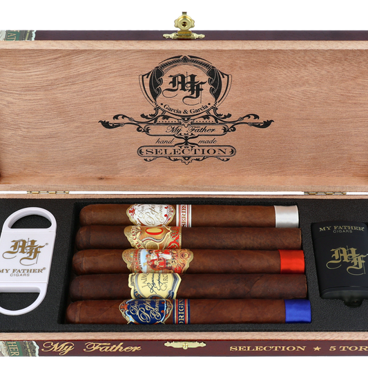 Wooden cigar box with cigars and accessories featuring 'My Father' branding.
