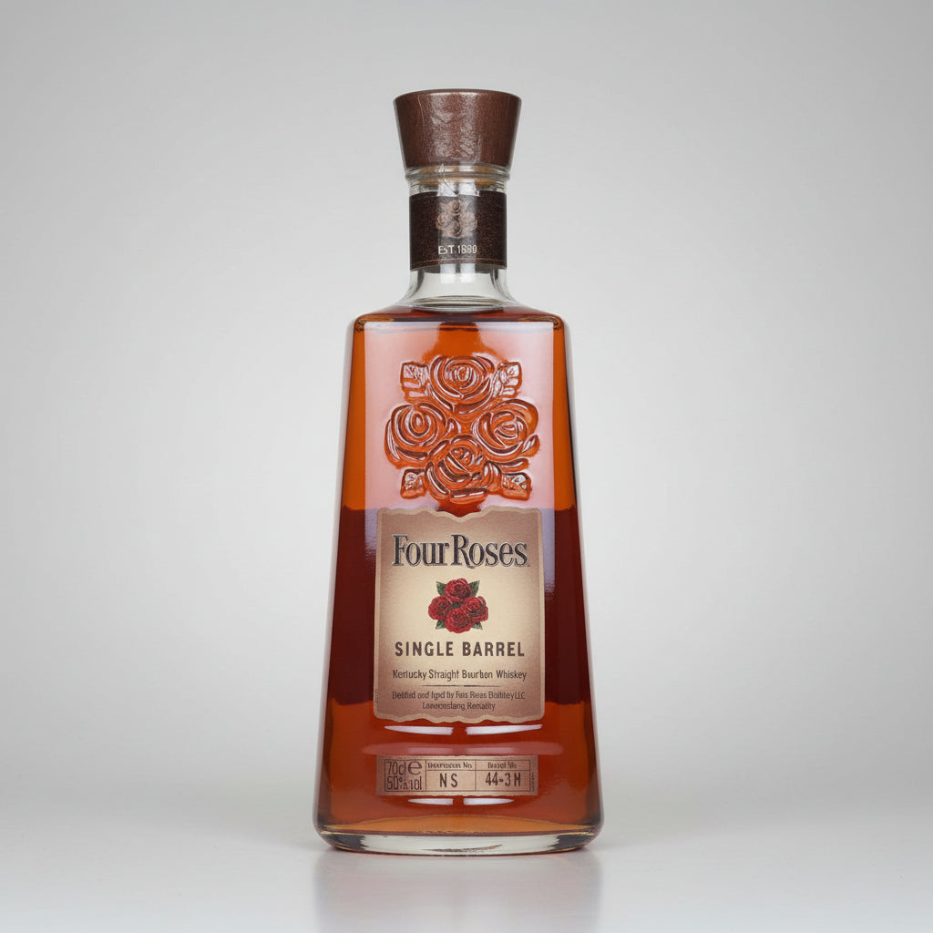 A bottle of Four Roses Single Barrel Whiskey on a white background with a soft reflection. The bottle is made of clear glass showing the amber-brown whiskey inside, with a cream-colored label featuring red rose illustrations and a dark brown cork stopper.