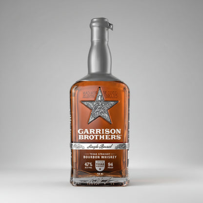 Bottle of Garrison Brothers bourbon whiskey with a star logo on a white background