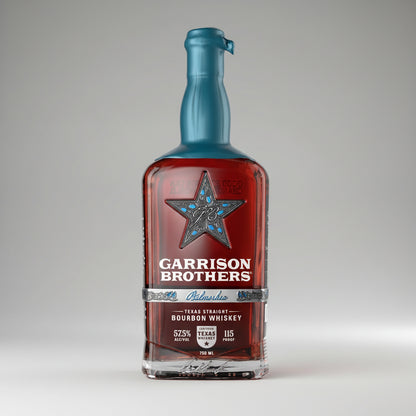 Bottle of Garrison Brothers Texas Straight Bourbon Whiskey with a blue star label.