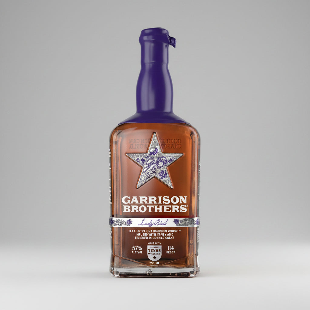 Bottle of Garrison Brothers Lady Bird Texas Straight Bourbon Whiskey with a star logo on a clear background
