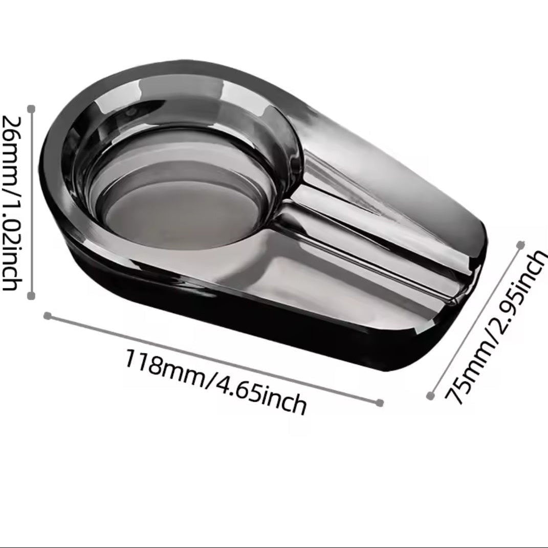Glass ashtray with dimensions labeled on a white background