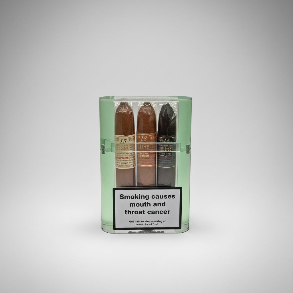 Pack of cigars with warning label on a white background