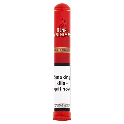 Red Henri Wintermans cigar tube pack with warning label on a white background