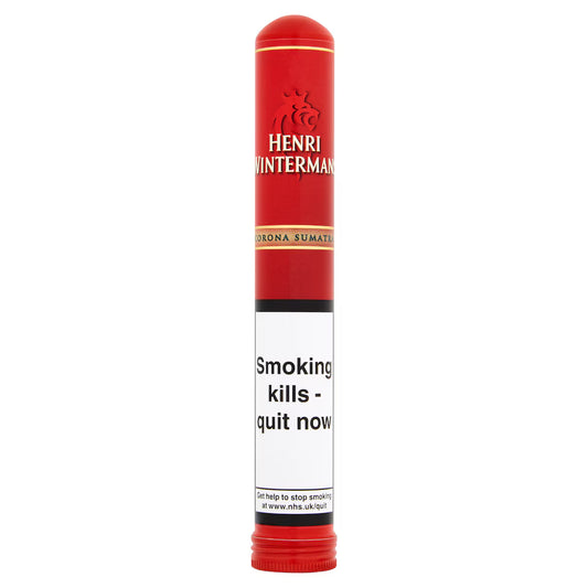 Red Henri Wintermans cigar tube pack with warning label on a white background