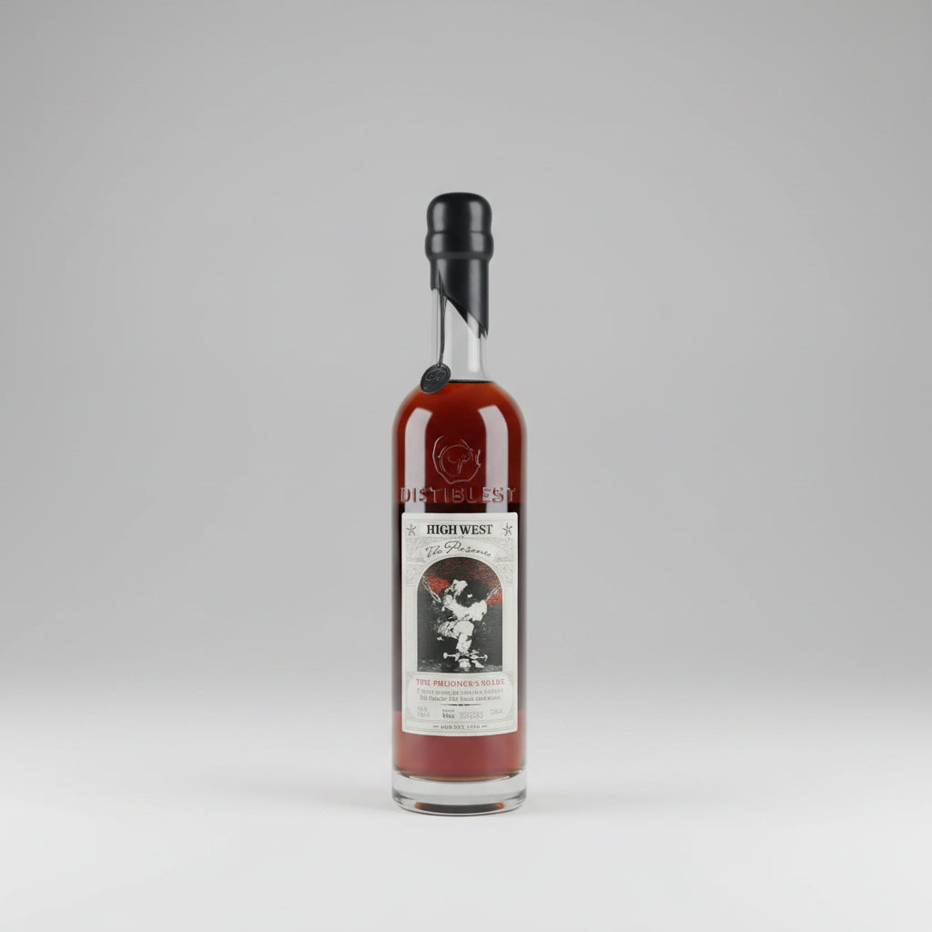 A bottle of High West Spirits 'The Prisoners Share" on a white background