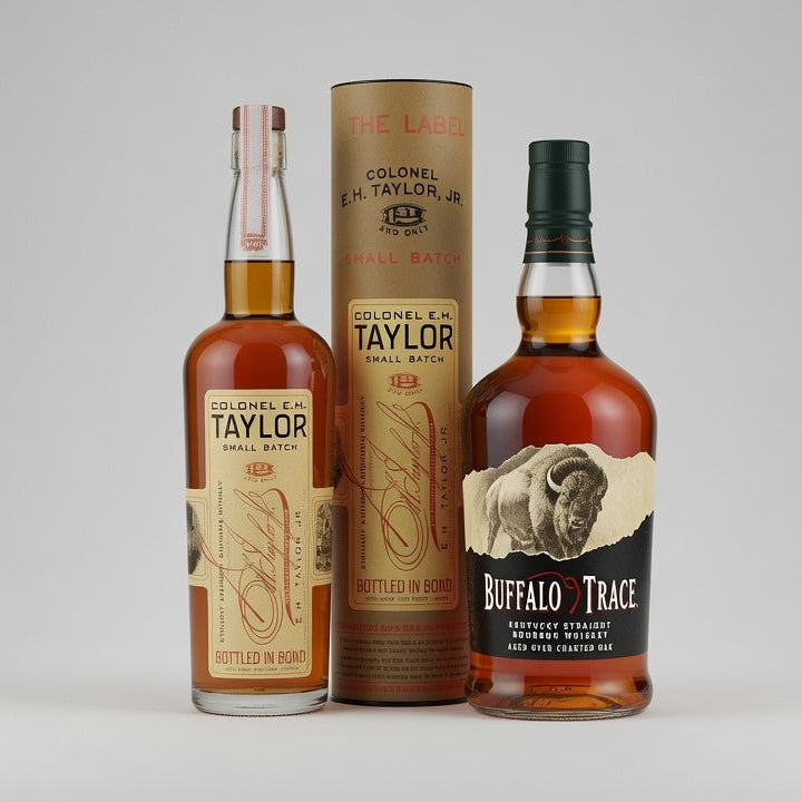 bottle of bufffalo tracr 003 barrel pick and e.h.taylor bourbon bundle with its cylindrical cardboard packaging, displayed on a neutral light gray background.