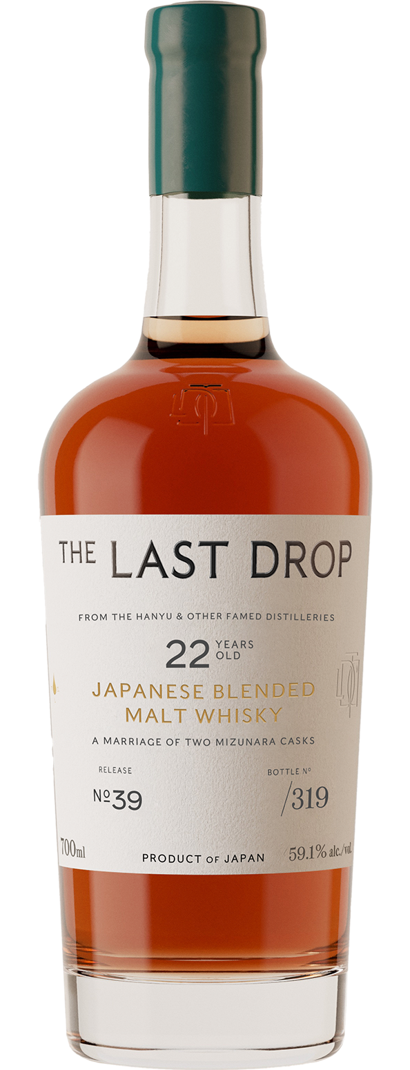 Bottle of 'The Last Drop' Japanese blended malt whisky with a green cap on a white background
