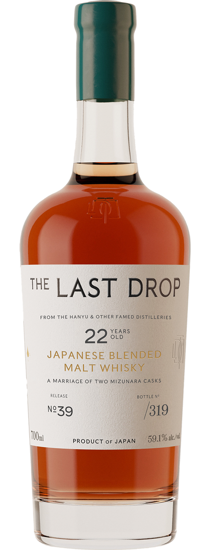 Bottle of 'The Last Drop' Japanese blended malt whisky with a green cap on a white background