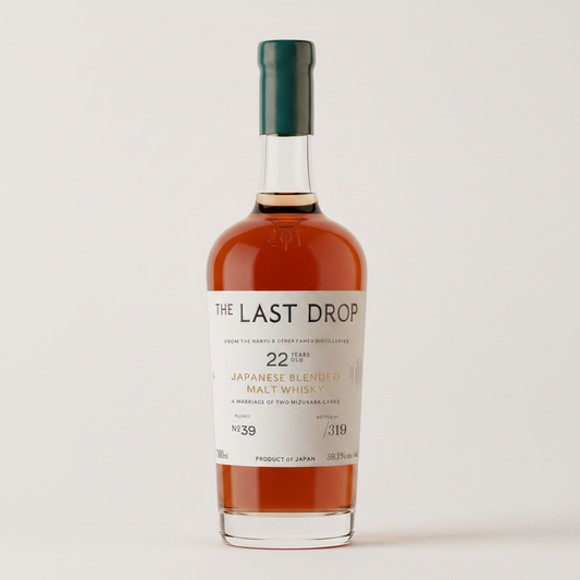 Bottle of 'The Last Drop' Japanese blended malt whisky with a green cap on a white background