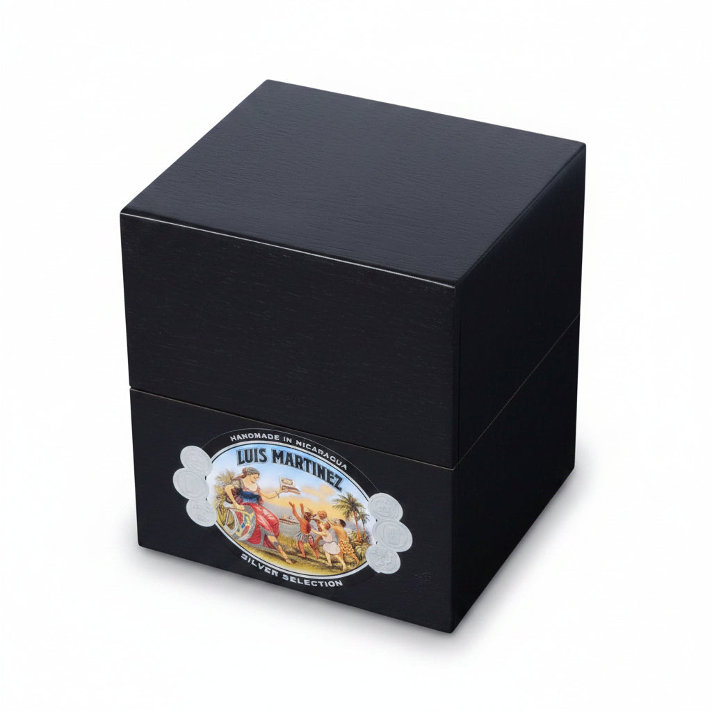 A black wooden cigar box with a silver cloud-shaped Louis Martinez Silver Selection label on the front, set against a plain white background.