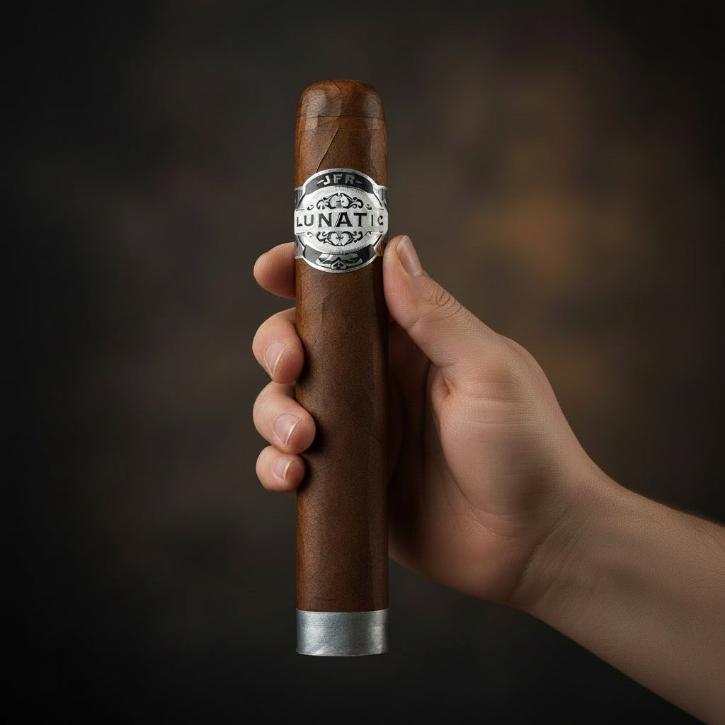 Cigar with 'J.R. Lunatic' label on a white background