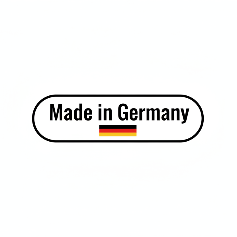 A white oval badge with the text 'Made in Germany' in black, plus a small German flag underneath, centered on a light gray background.