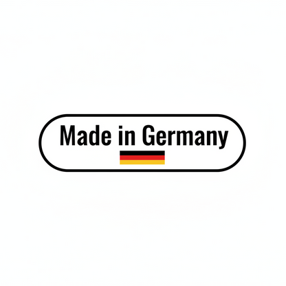 A white oval badge with the text 'Made in Germany' in black, plus a small German flag underneath, centered on a light gray background.