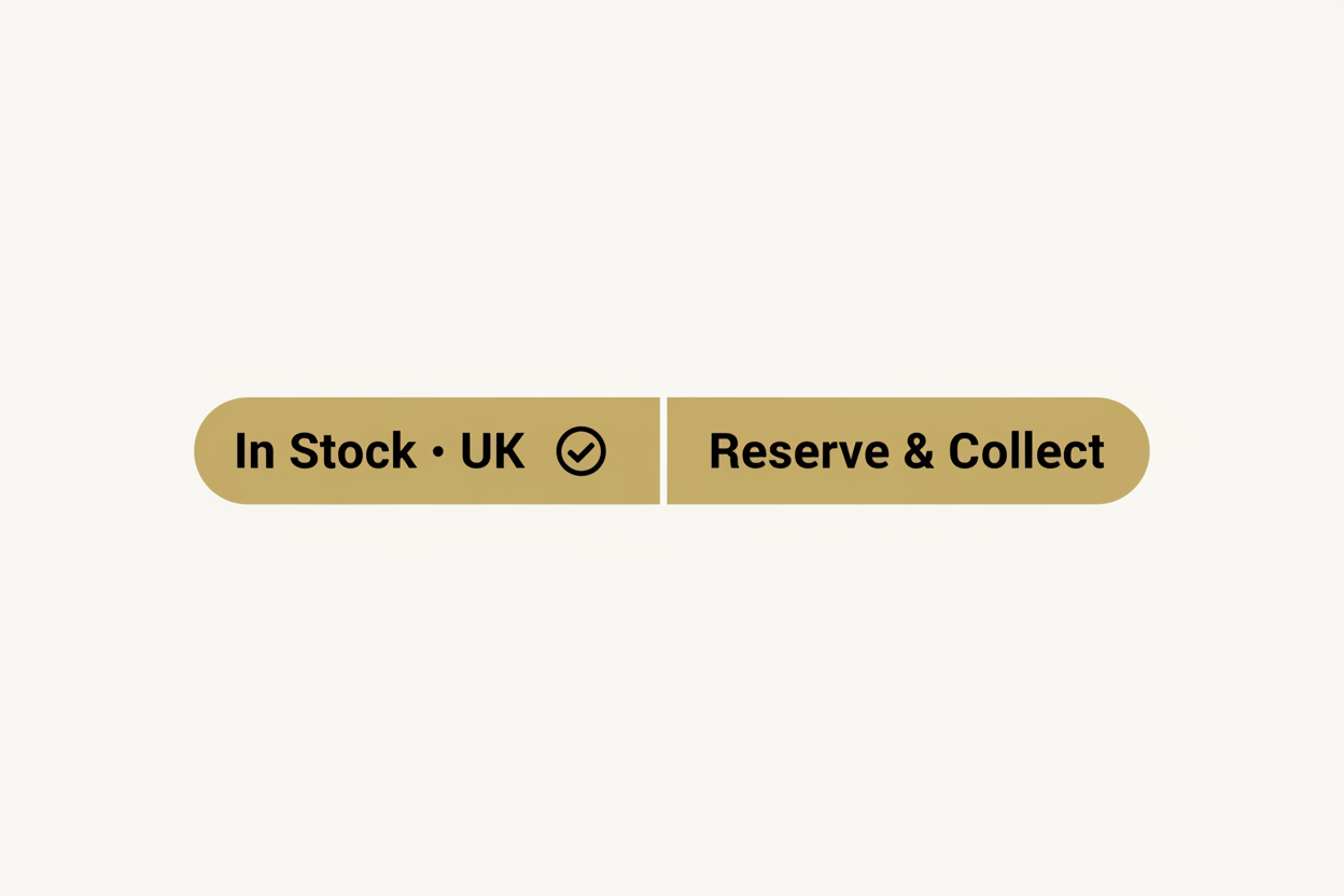 Two gold buttons on a white background with text 'In Stock - UK' and 'Reserve & Collect'.