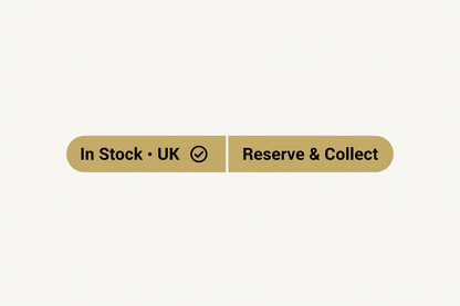 Two gold buttons on a white background with text 'In Stock - UK' and 'Reserve & Collect'.
