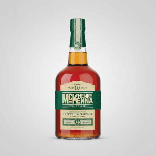 A bottle of Henry McKenna 10 Year Old Bourbon Whiskey on a plain white background. The bottle features a dark green neck label and a cream-colored main label with bold green and gold lettering, showcasing the amber-colored whiskey inside.