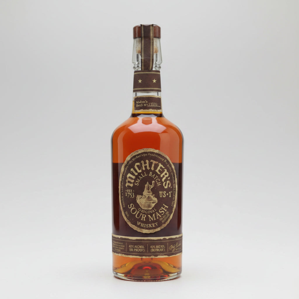 A bottle of Michters Four Mash Whiskey with amber liquid, a dark brown label, and a brown wax seal on a light gray background.
