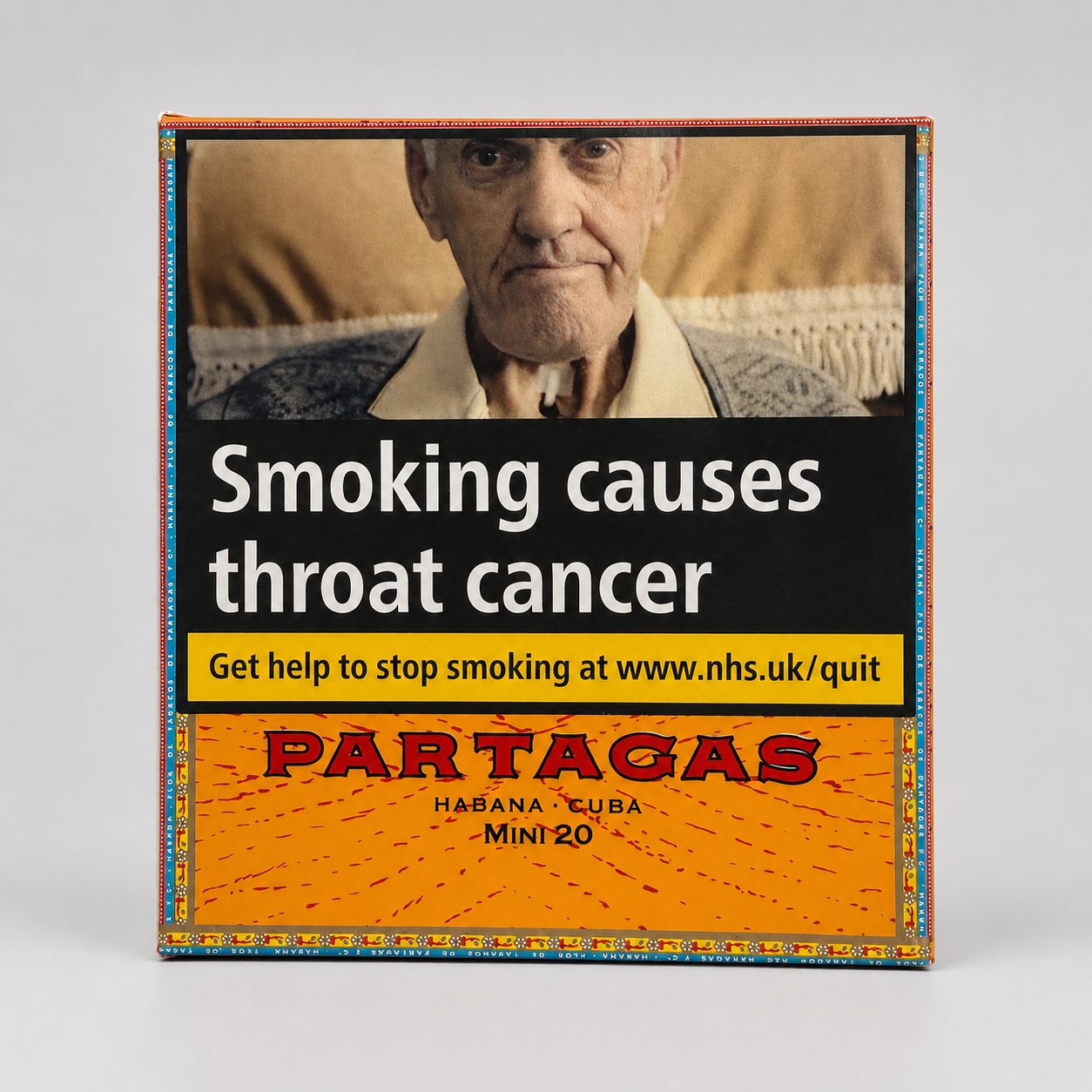 A partagas mini ciigarillo pack with a prominent public health warning on the front, featuring an elderly man's portrait, the text 'Smoking causes throat cancer', and an orange lower section with 'PARTAGAS HABANA - CUBA - MINI 20'.