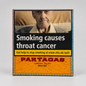 A partagas mini ciigarillo pack with a prominent public health warning on the front, featuring an elderly man's portrait, the text 'Smoking causes throat cancer', and an orange lower section with 'PARTAGAS HABANA - CUBA - MINI 20'.