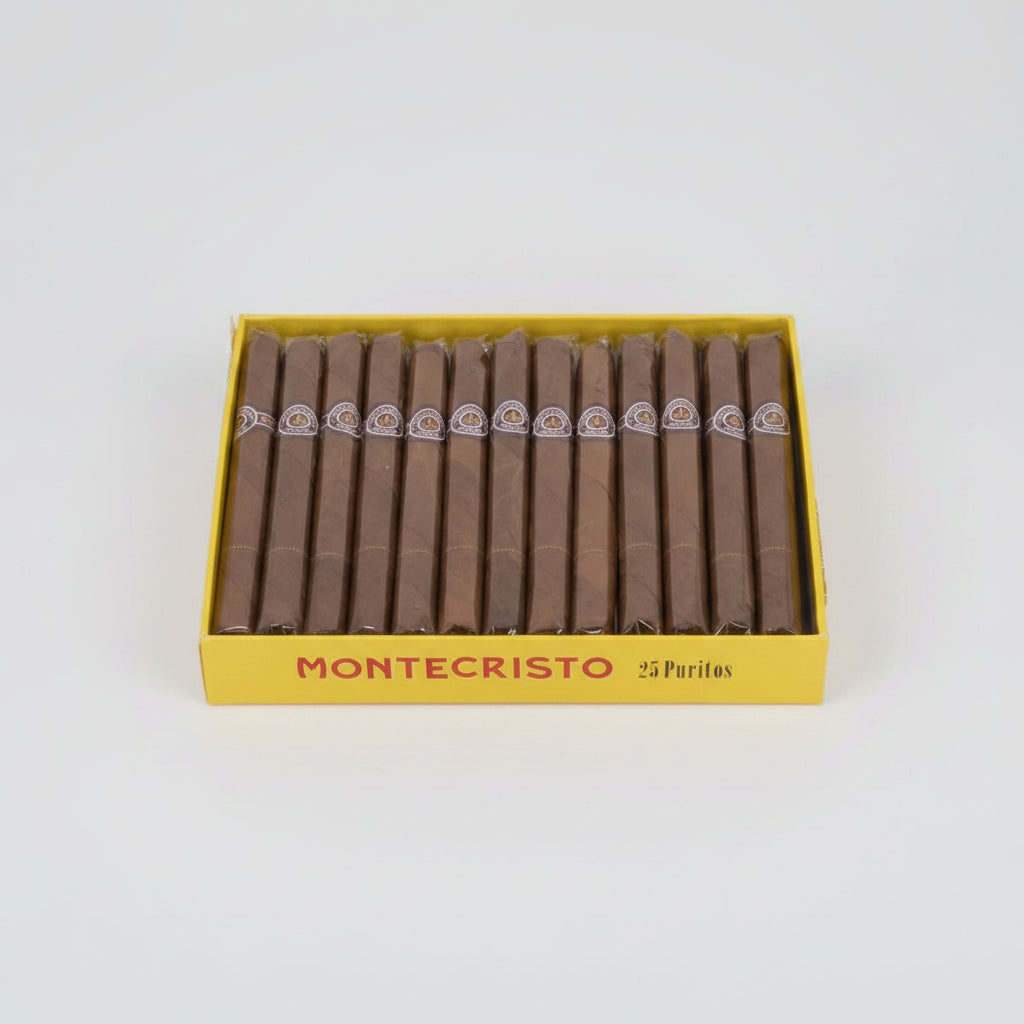 Box of Montecristo cigars with 25 puritos on a yellow background