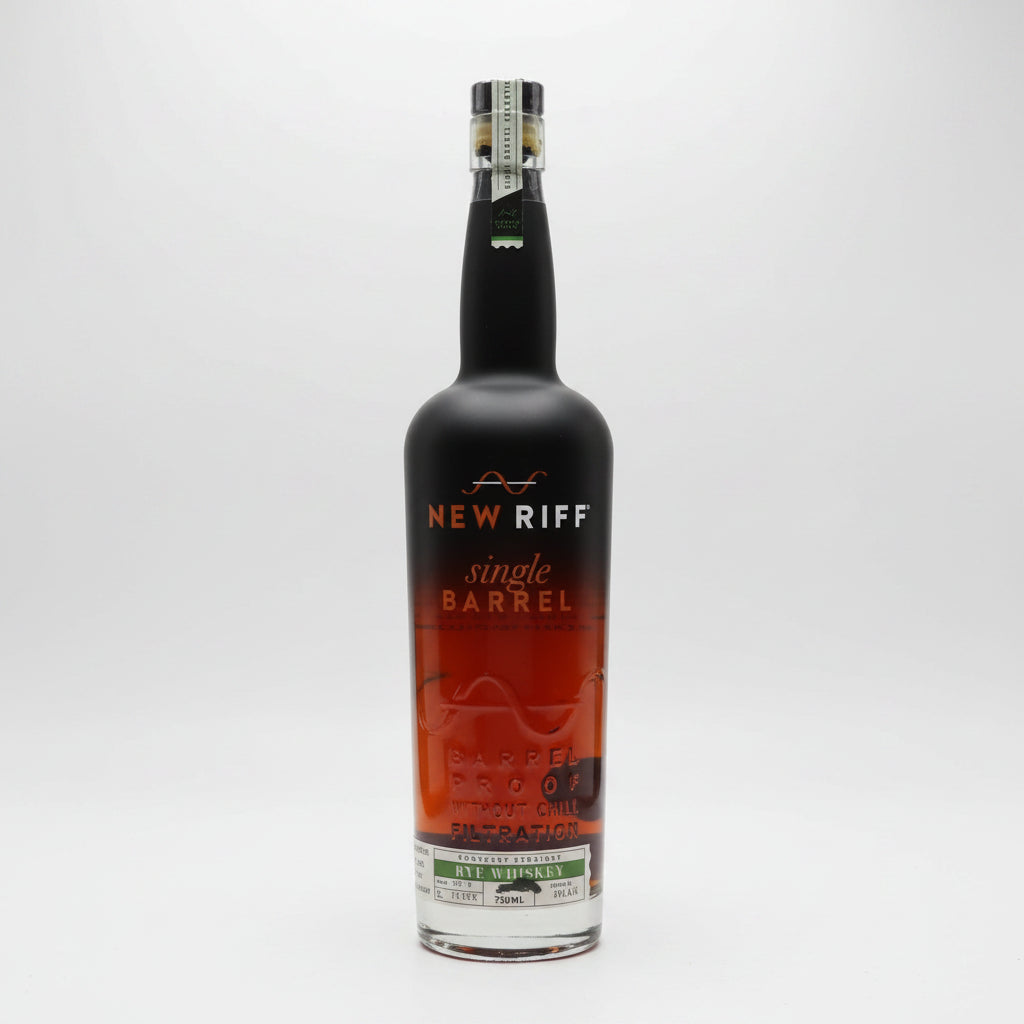 A bottle of New Riff Single Barrel Bourbon Straight Bourbon Whiskey on a plain white background.