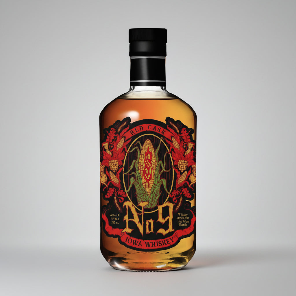 A bottle of Iowa Whiskey No. 9 Red Case whiskey with a black cap and a detailed label featuring red, gold, and green corn illustrations.